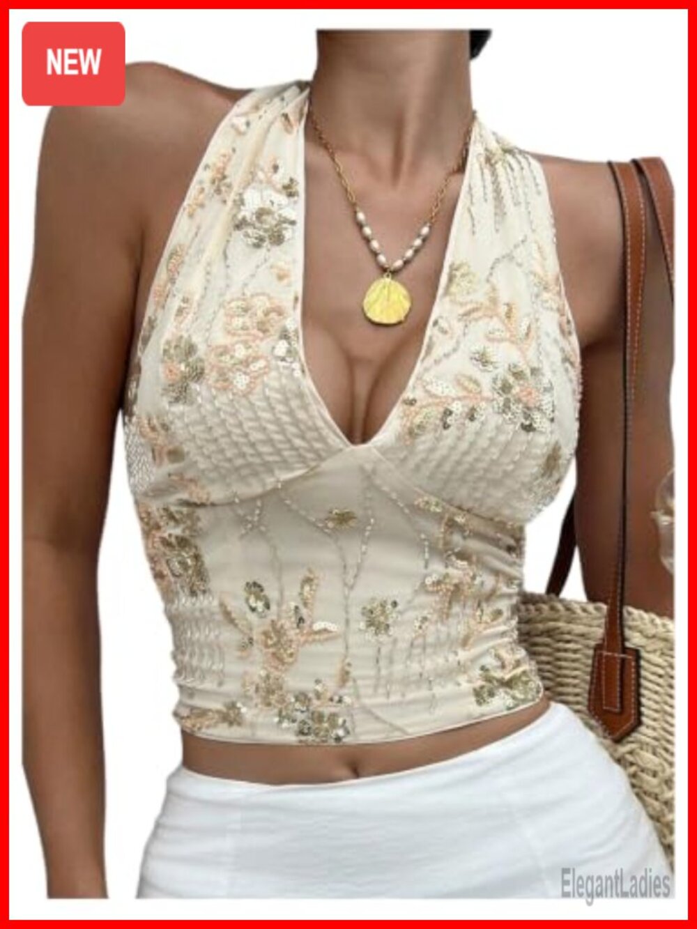 Sequin Floral Halter Crop Tank Top